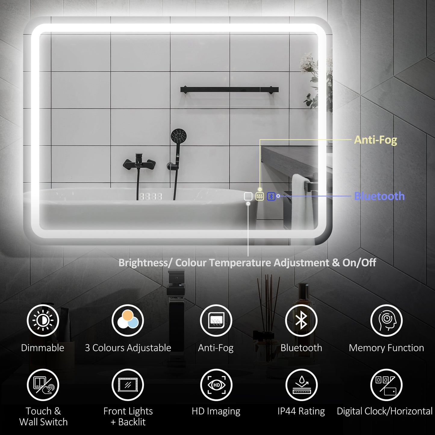 HOMCOM 80 x 60 cm Bluetooth Bathroom Mirror With LED Edge Lighting Silver Tone For Clear Illumination