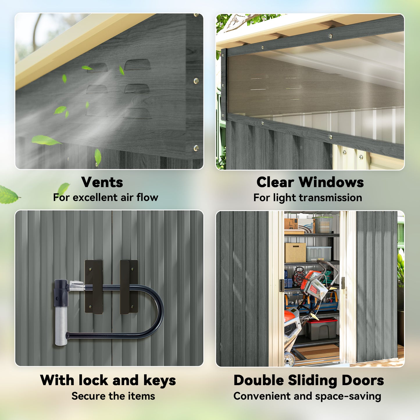 Outsunny Six Point Five By Four Feet Galvanised Metal Shed With Lockable Double Sliding Doors Vents Light Grey