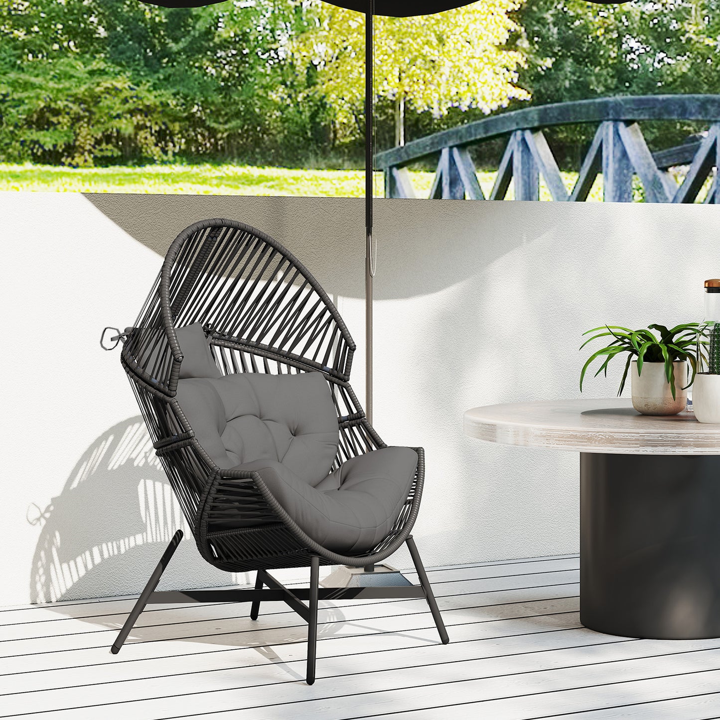 Outsunny Rattan Egg Chair Oversized Freestanding Garden Chair with Thick Tufted Cushion and Headrest Charcoal Grey