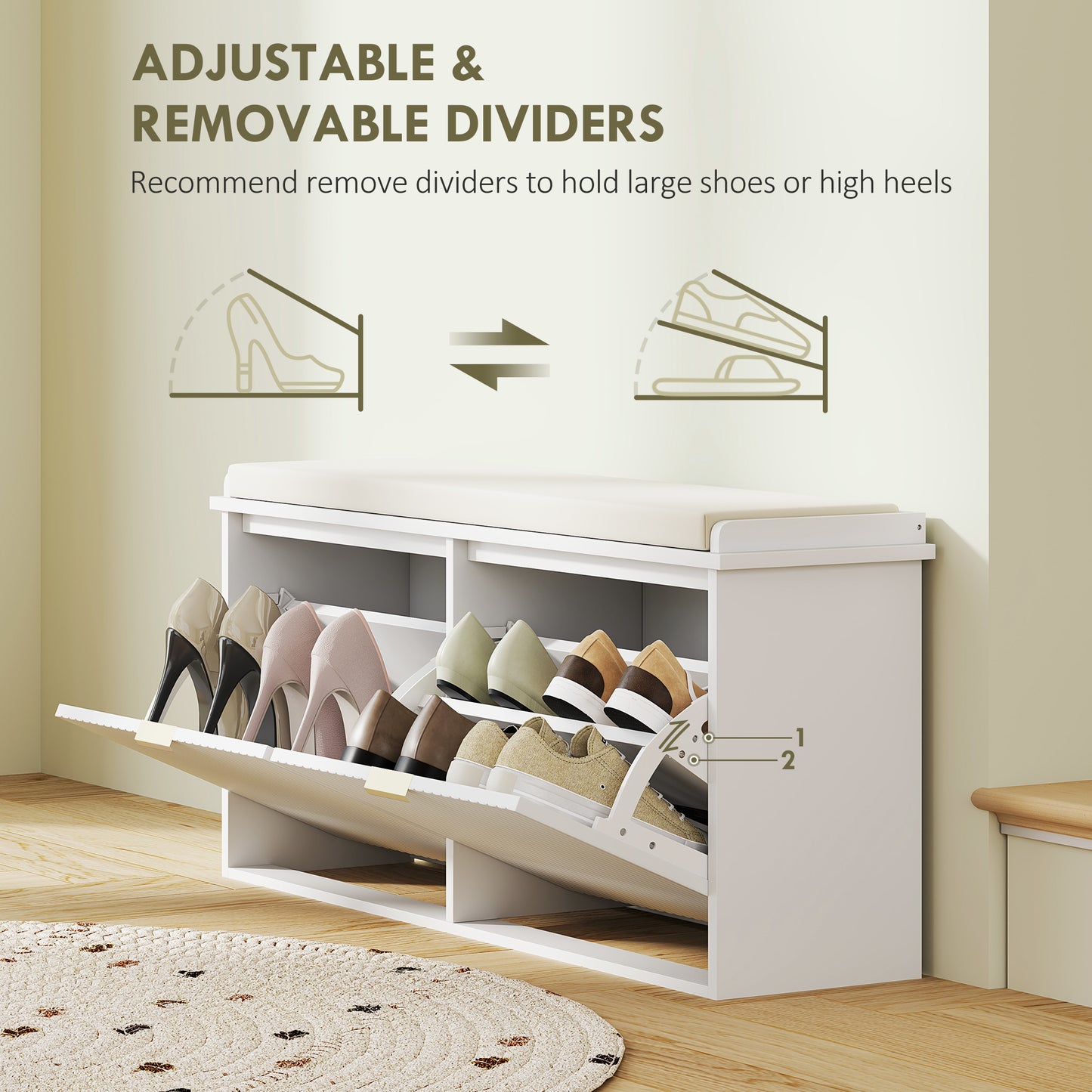 HOMCOM White Shoe Bench With Top Seat And Flip Drawer 240 Kg Capacity Linen Feel Cushion