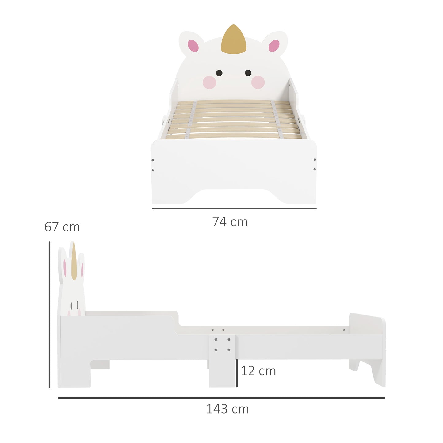 ZONEKIZ Enchanted Unicorn Toddler Bed for Ages 3-6, Compact Children's Bedroom Furniture in White, 143 x 74 x 67 cm - ALL4U RETAILER LTD