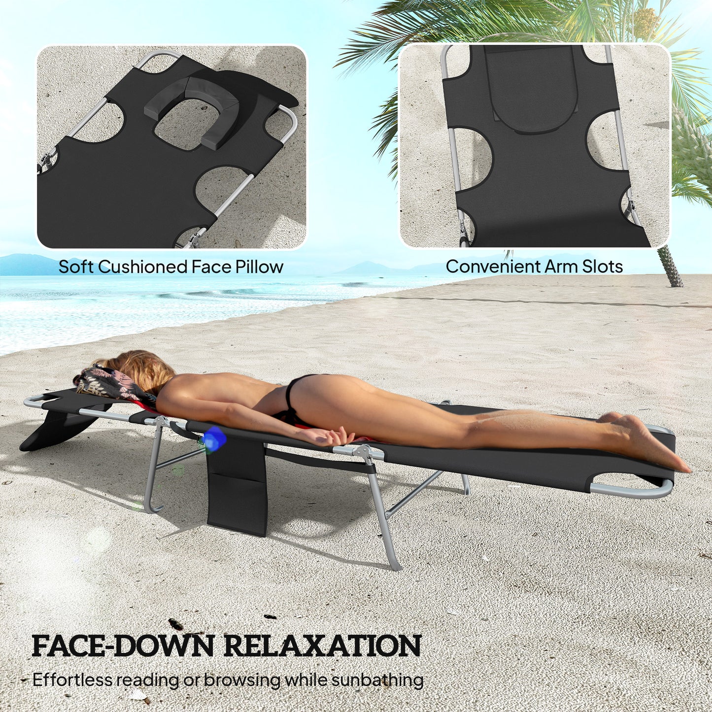 Outsunny 5 Position Adjustable Sun Loungers Set of 2 with Reading Hole and Side Pocket in Black
