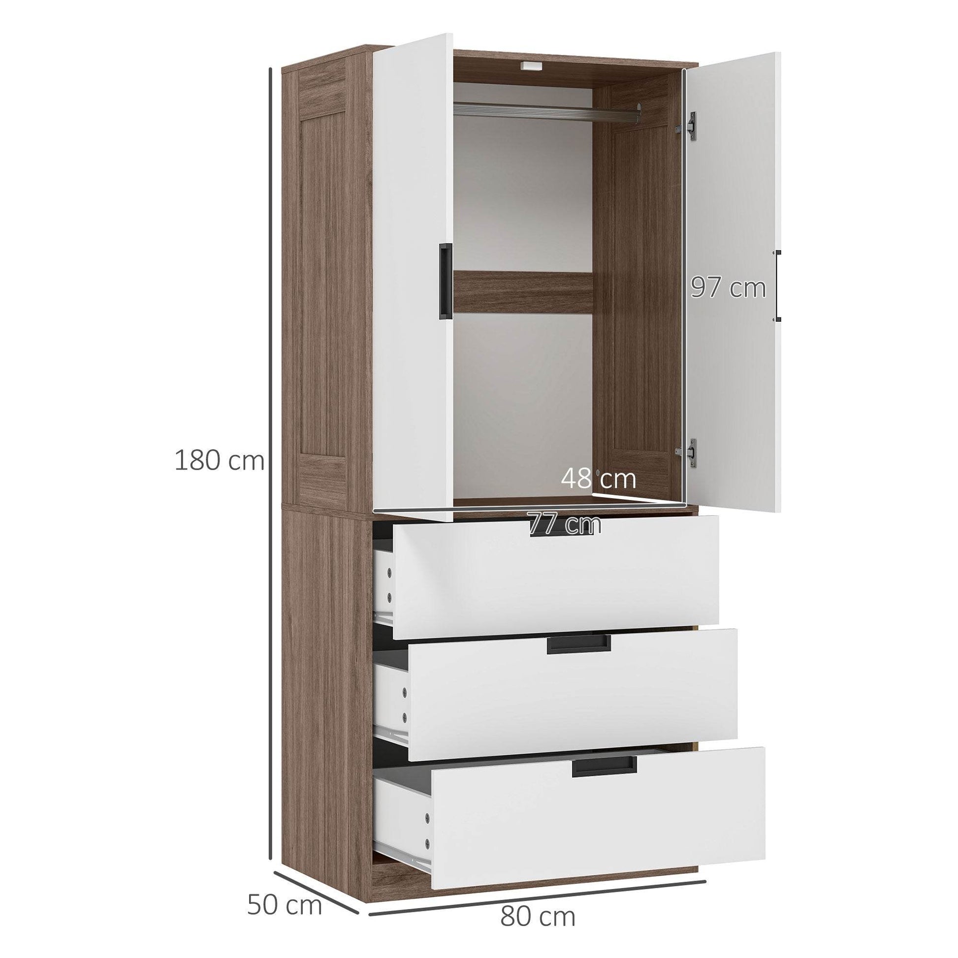 Modern Brown and White 2-Door Wardrobe with 3 Drawers and Hanging Rod for Stylish Bedrooms - ALL4U RETAILER LTD