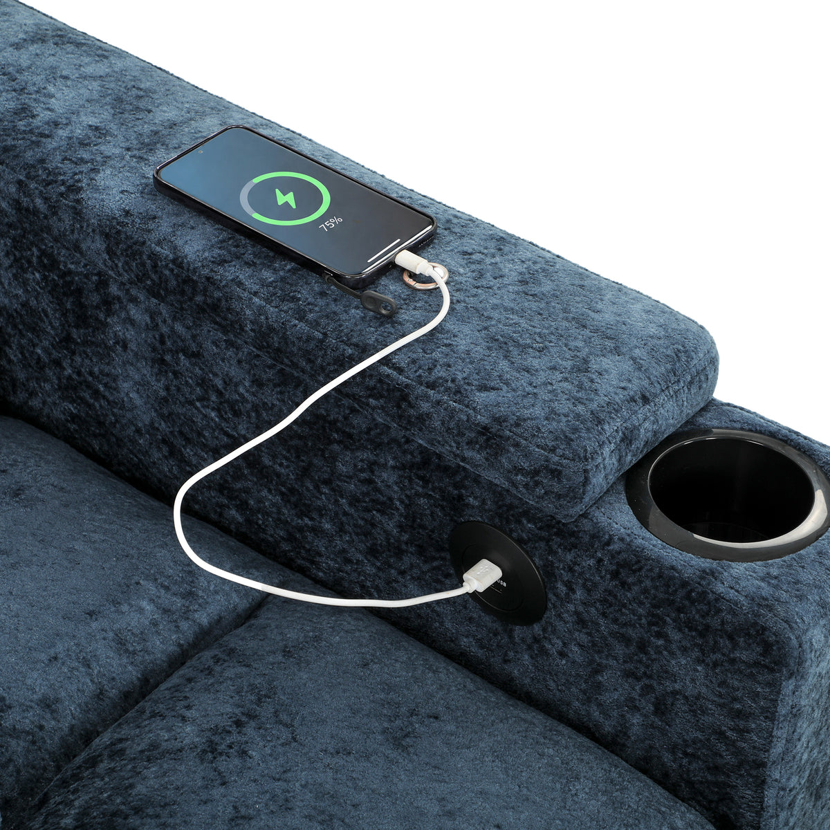 Dark blue sofa bed armrest with built-in USB port and cord outlet