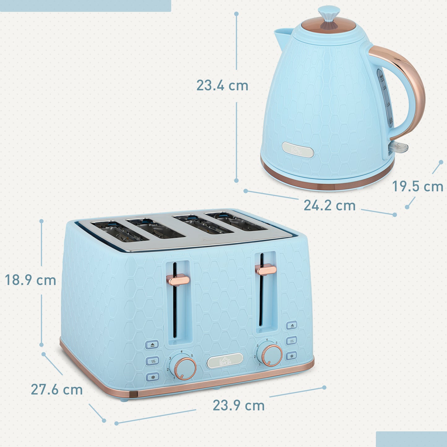 HOMCOM Kettle and Toaster Set 1.7L 3000W 4 Slice Toaster with 7 Browning Levels Light Blue Honeycomb Pattern