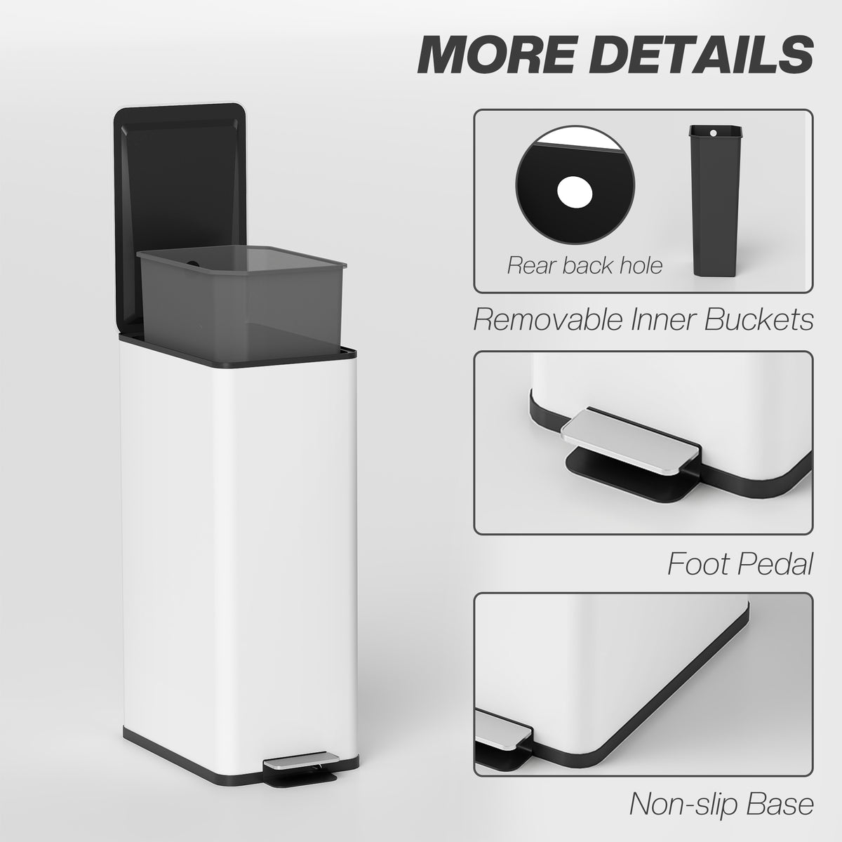 White pedal trash bin showing foot pedal, non-slip base, and removable inner bucket