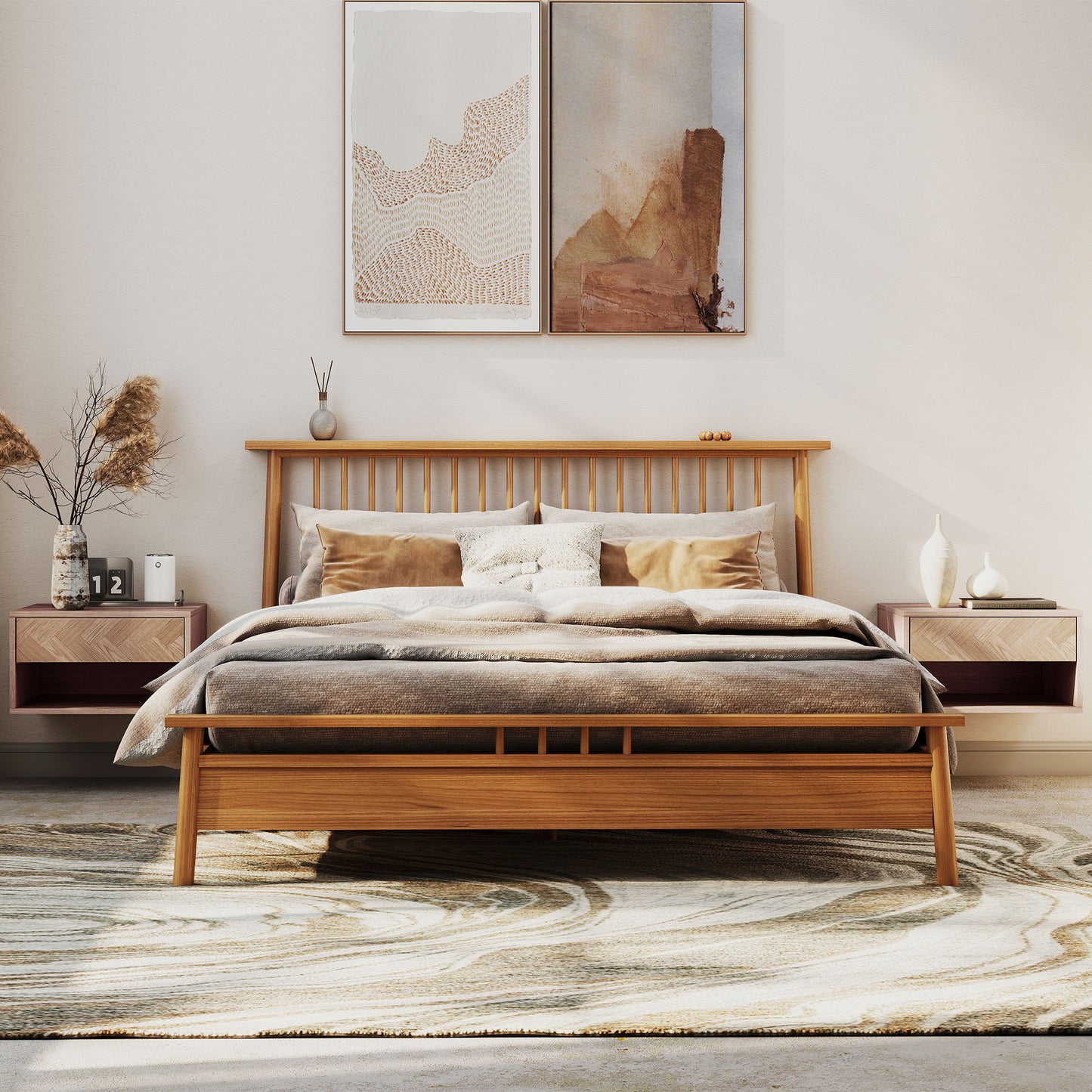 HOMCOM Floating Bedside Tables Set of Two in Natural Wood Finish with Drawer and Open Shelf