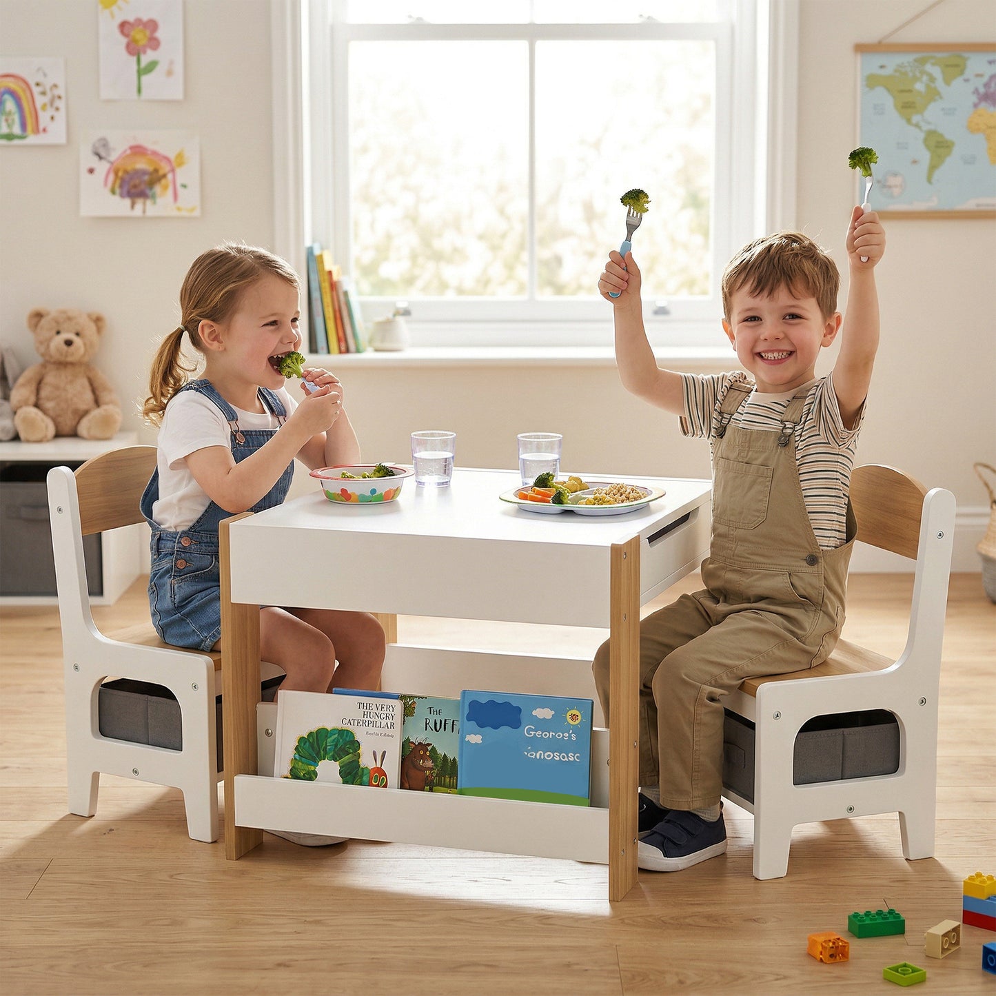 HOMCOM Three Piece Kids Table And Chair Set With Blackboard, Storage, And Bookshelves In Natural Wood
