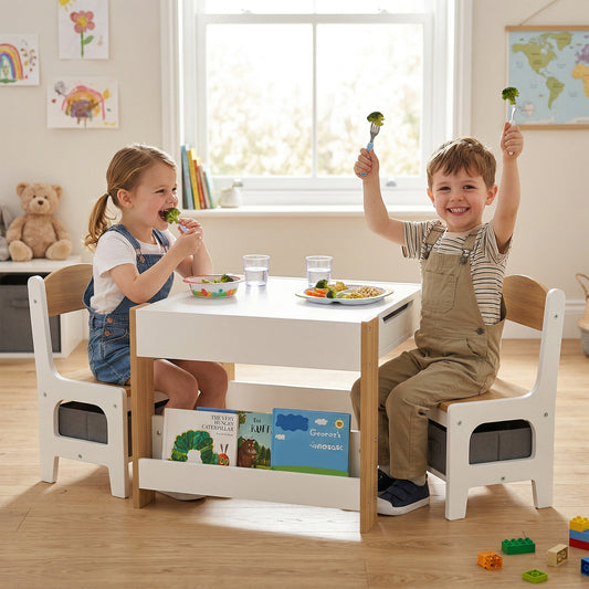 HOMCOM Three Piece Kids Table And Chair Set With Blackboard, Storage, And Bookshelves In Natural Wood