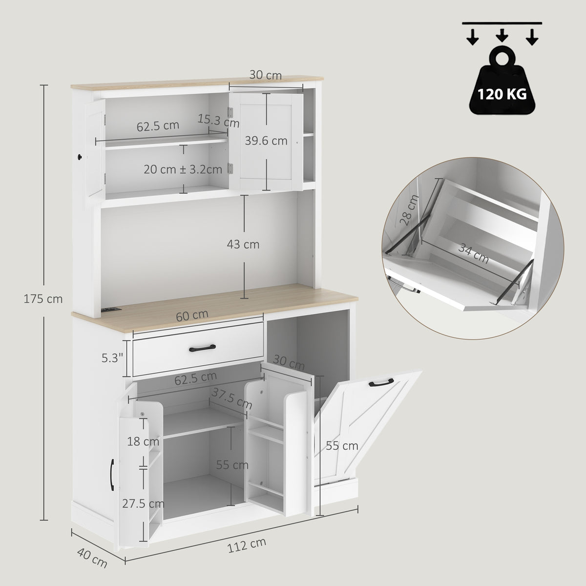 White pantry cabinet with pull-out storage door and product dimensions diagram
