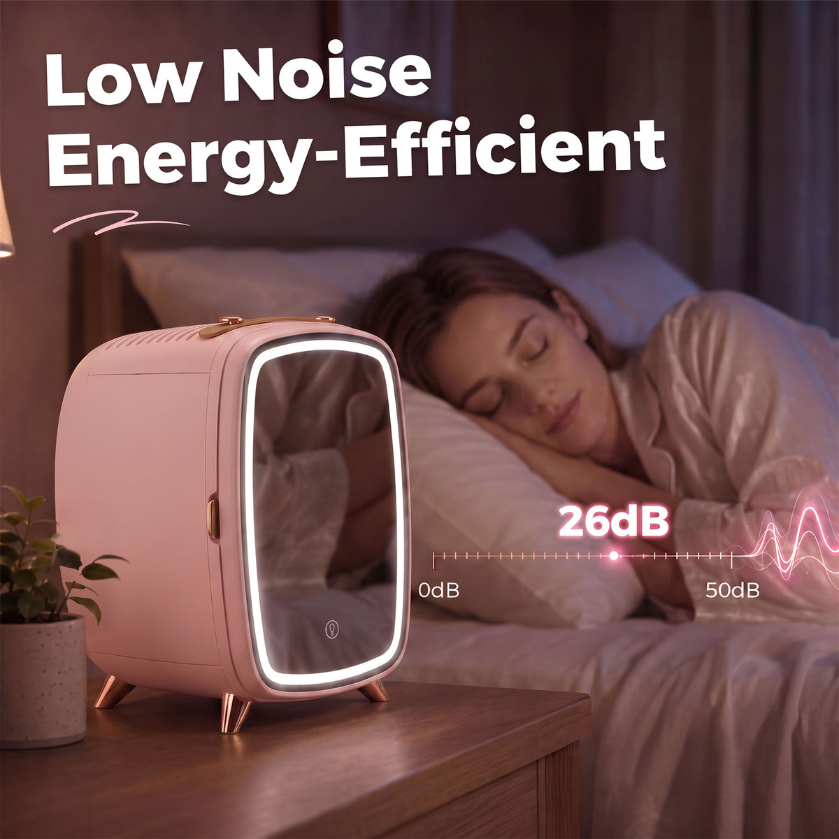 Pink mini cosmetic fridge with LED-lit mirror, 26dB noise indicator