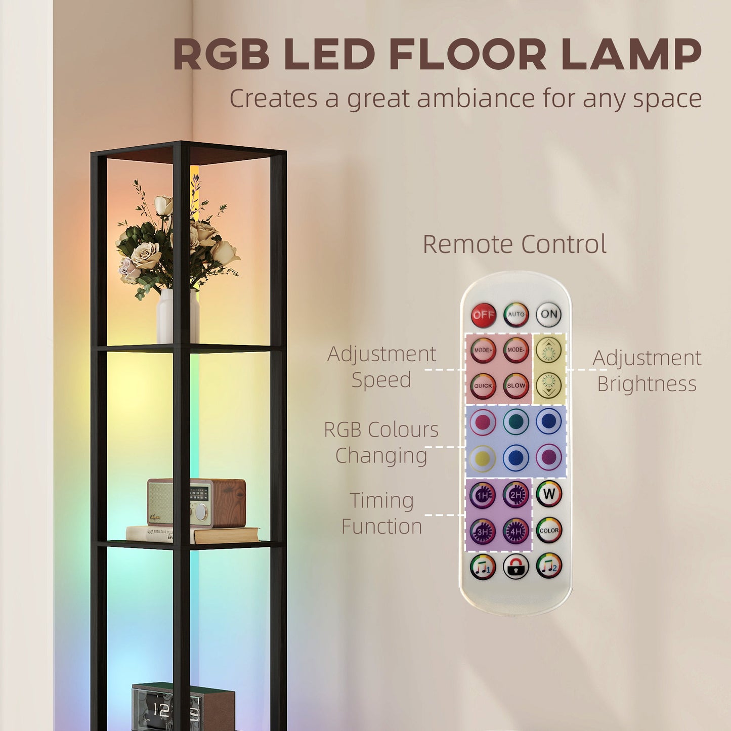 HOMCOM RGB LED Floor Lamp With Shelves Dimmable Standing Lamp With Remote Control Black