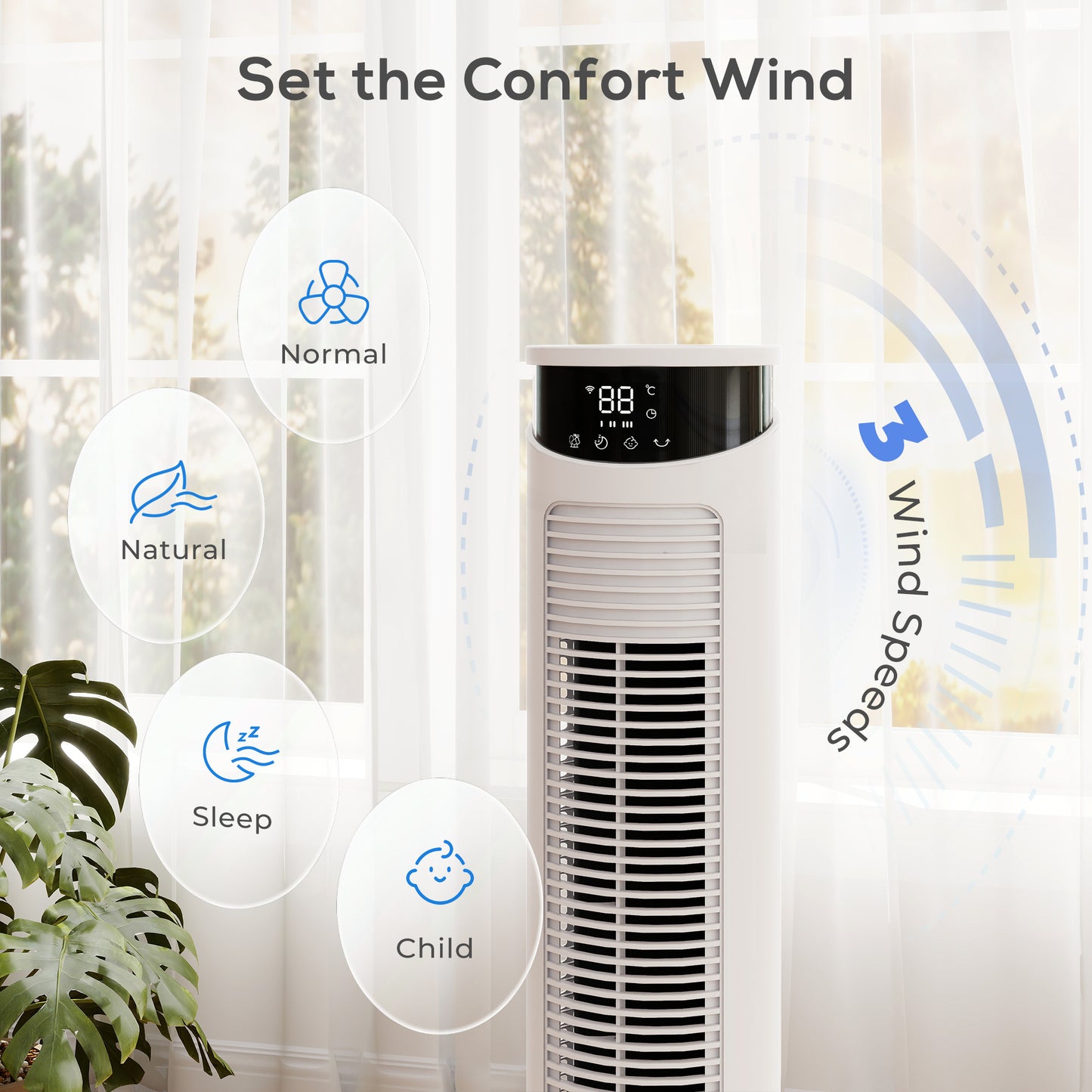 HOMCOM Smart WiFi Tower Fan With App Control Remote 116 cm Tall White Quiet Sleep Mode