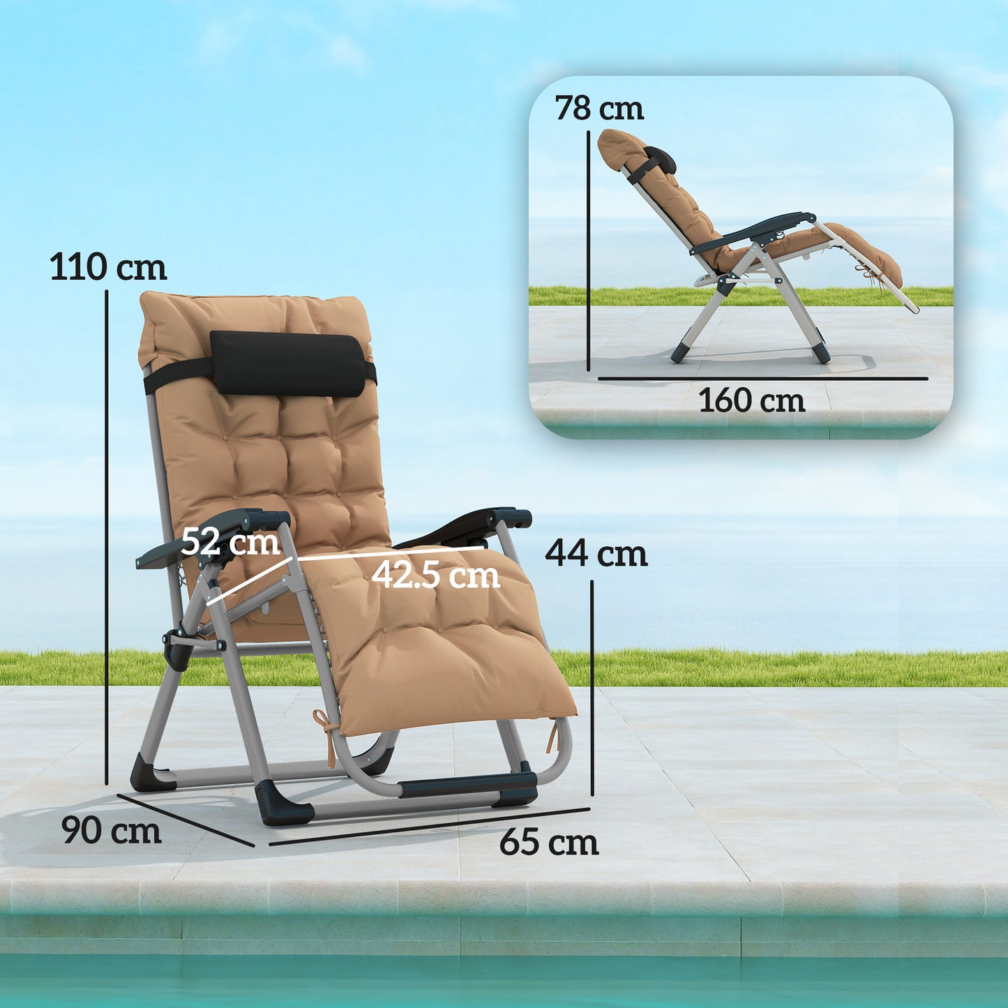 Outsunny 2 Piece Reclining Zero Gravity Sun Loungers With Cushions For Outdoor Patio Khaki
