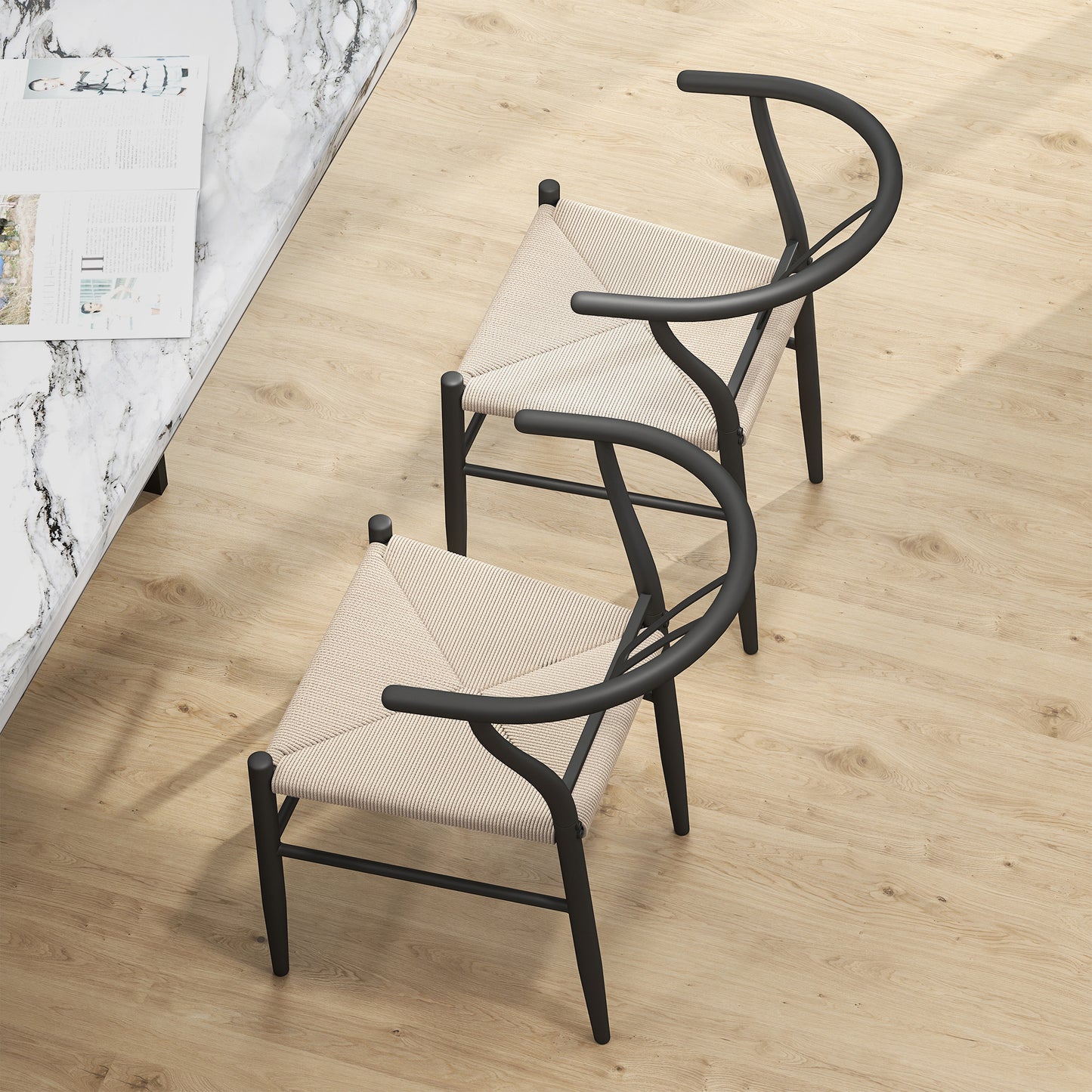 HOMCOM Set Of Two Weave Dining Chairs With Y Shaped Backrest And Hemp Seat Black And Beige