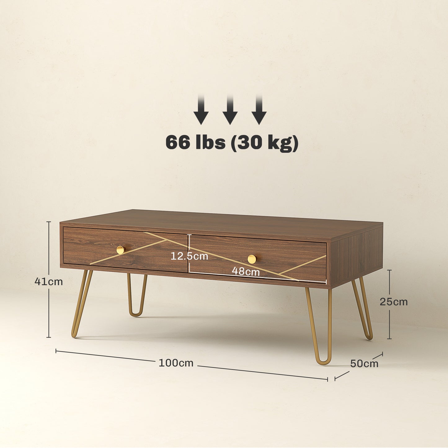 HOMCOM Coffee Table With Storage And Drawers, Rectangular Living Room Table With Steel Base Brown 100 x 50 x 41 cm