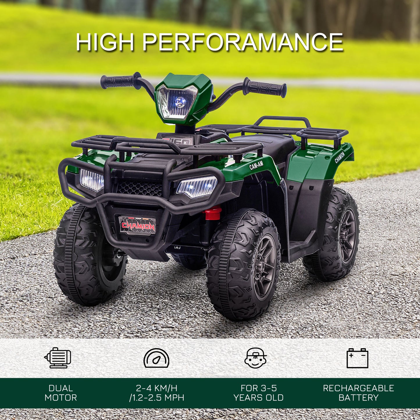 HOMCOM 12V Electric Kids ATV Quad Bike with Music, LED Lights, and Dual Speed for Ages 3-5 - Green - ALL4U RETAILER LTD