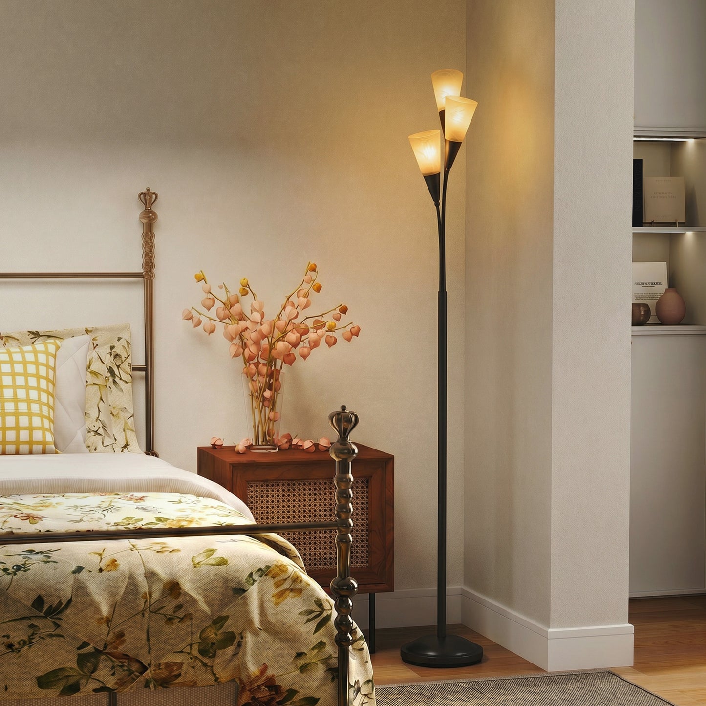 HOMCOM Modern Standing Lamp 3 Light Upright Floor Lamp for Living Room Black with Cone Shades