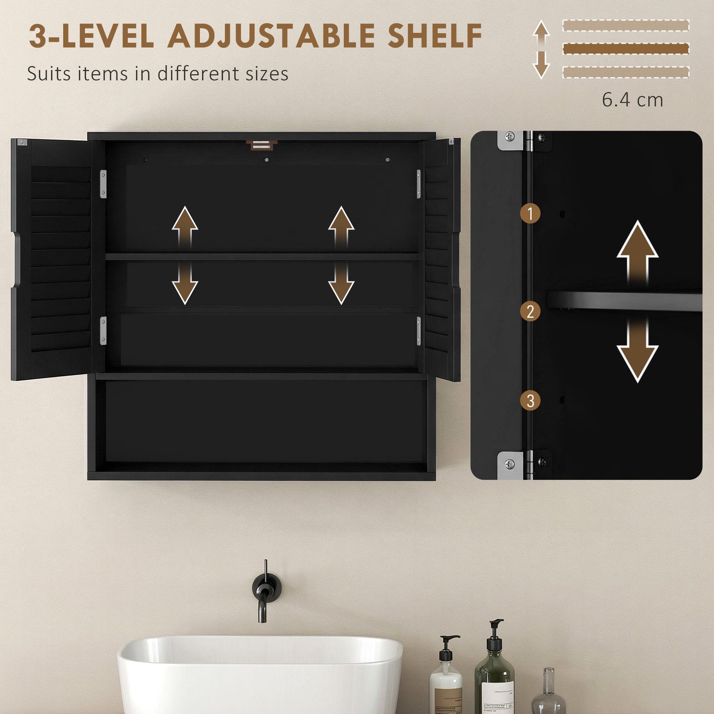 HOMCOM Wall Mounted Bathroom Cabinet With Adjustable Shelves Black 60 X 20 X 60 Cm