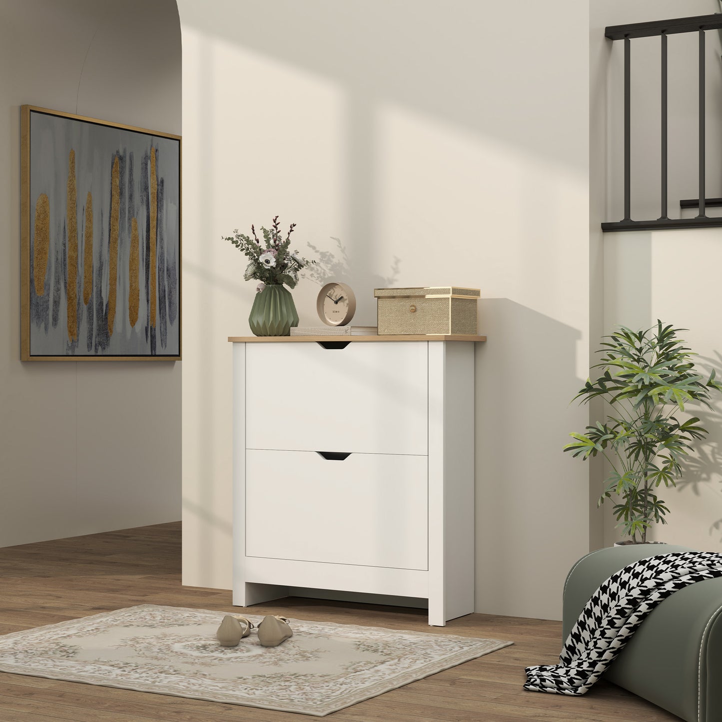 HOMCOM Slim Shoe Cabinet Narrow Cupboard With 2 Flip Drawers Adjustable Shelves For 12 Pairs High Gloss White