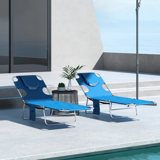 Outsunny Set of 2 Foldable Sun Loungers, Adjustable Reclining Chairs with Reading Hole, Side Pocket, Headrest, Blue - ALL4U RETAILER LTD