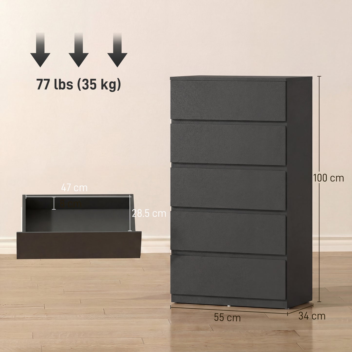 HOMCOM Five Drawer Chest Modern Dresser For Bedroom Storage And Space Saving Organization