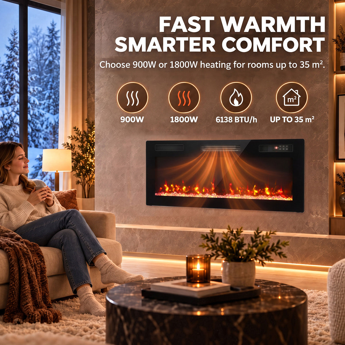 Wall-mounted electric fireplace with LED flame glow and control panel on top