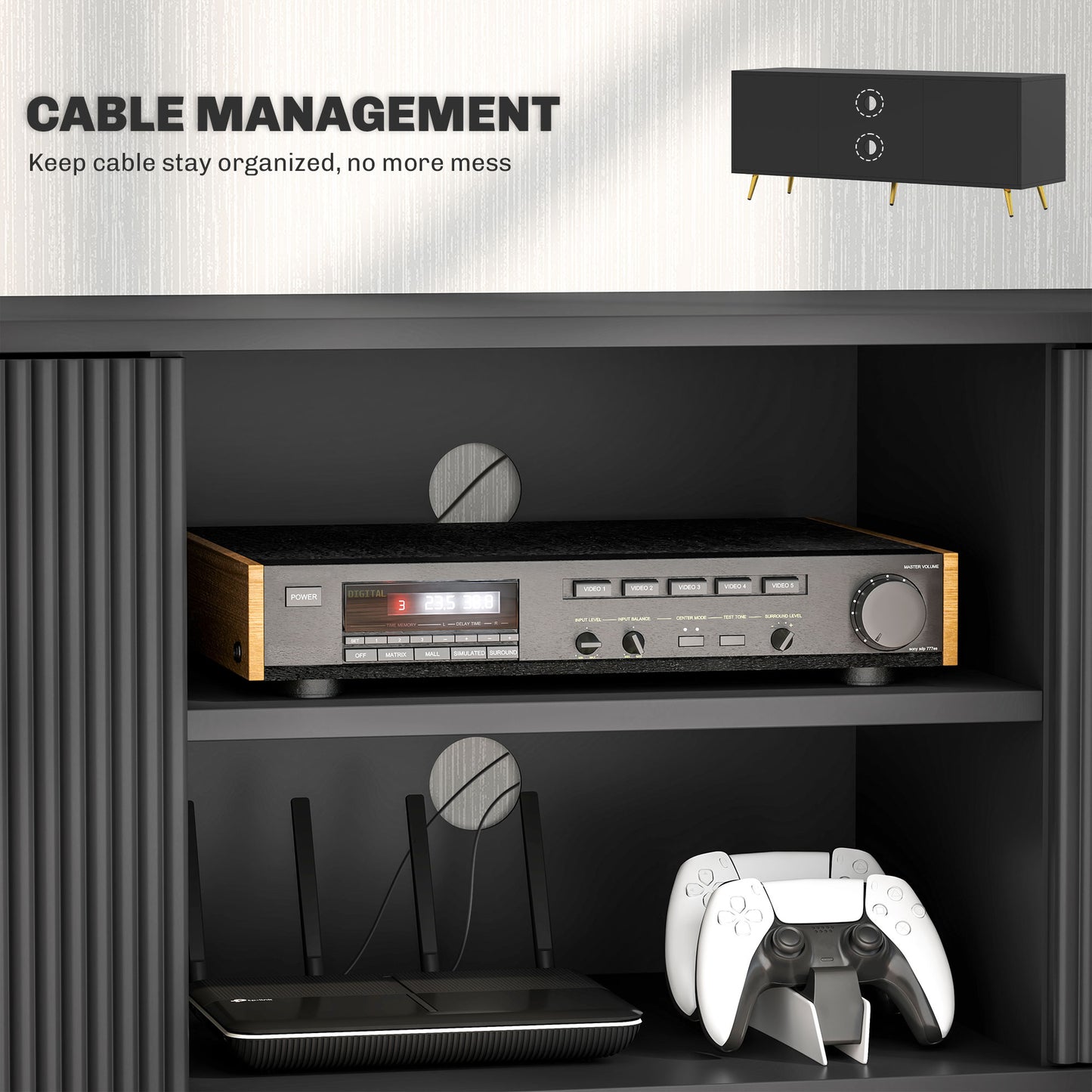 HOMCOM Modern TV Stand Cabinet For TVs Up 55Inch With Open Shelves And 2 Cabinets Cable Management Living Room Black