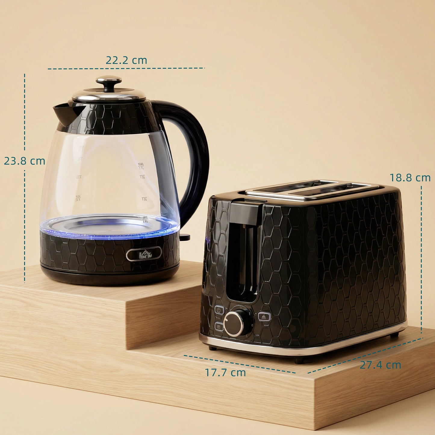 HOMCOM Kettle And Toaster Set 1.7L 3000W Kettle With Limescale Filter 2 Slice Toaster With 7 Browning Settings Black