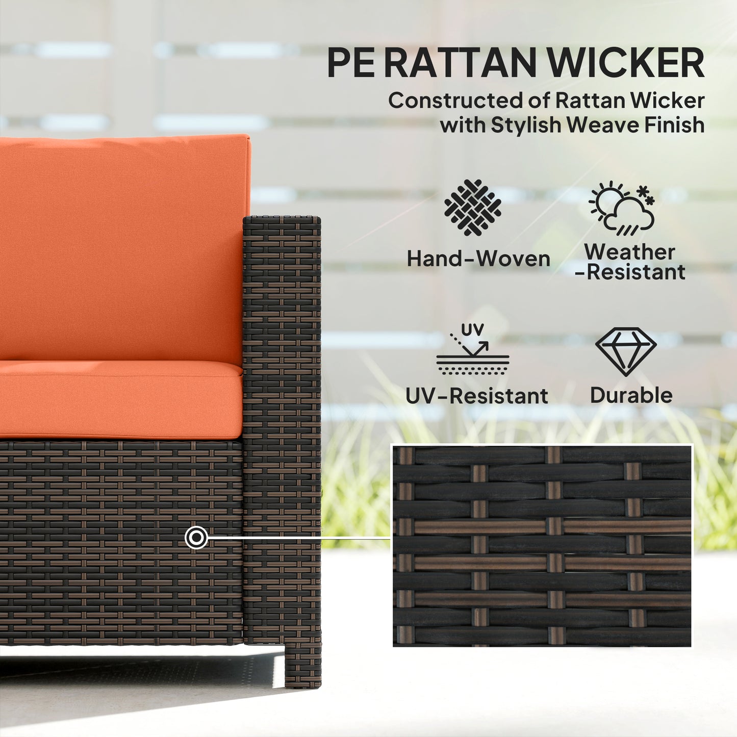 Outsunny 3 Seater Rattan Sofa All Weather Wicker Weave Metal Frame With Fire Resistant Cushions Orange