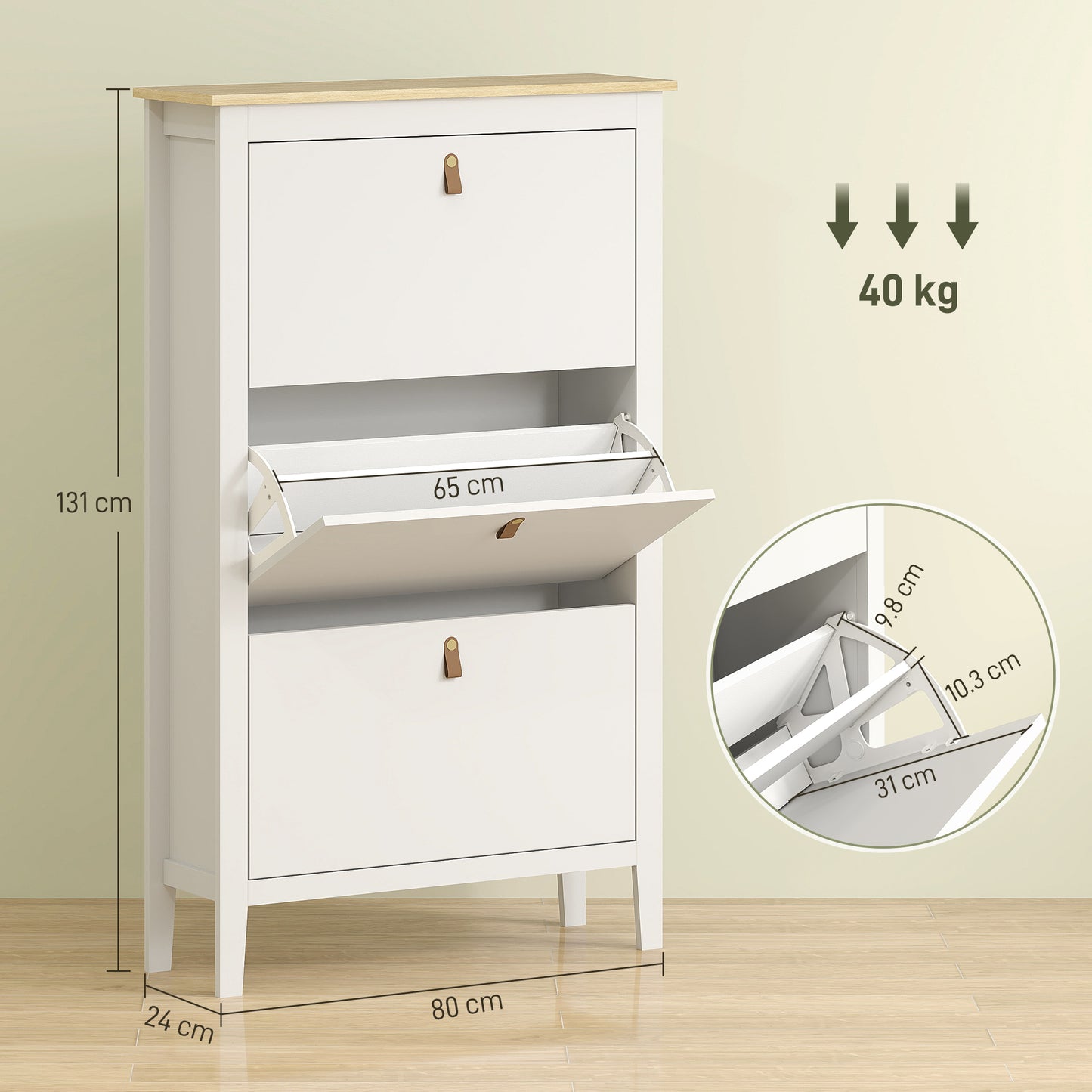 HOMCOM Modern Three Drawer White Shoe Cabinet Slim Storage Unit Holds Up To Twenty One Pairs Of Shoes