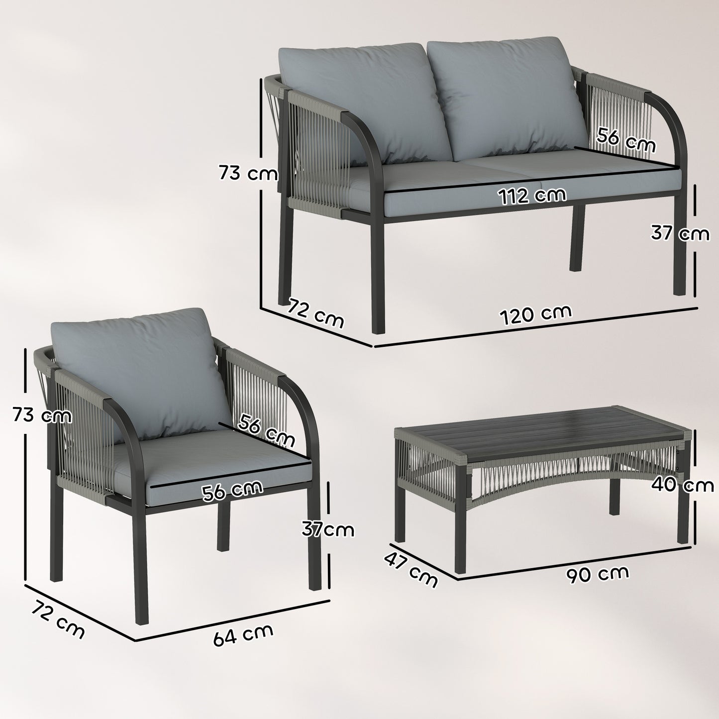 Outsunny 4 Piece Rattan Garden Furniture Set Loveseat Armchairs Table Steel Frame Wicker Patio Conversation Set Grey