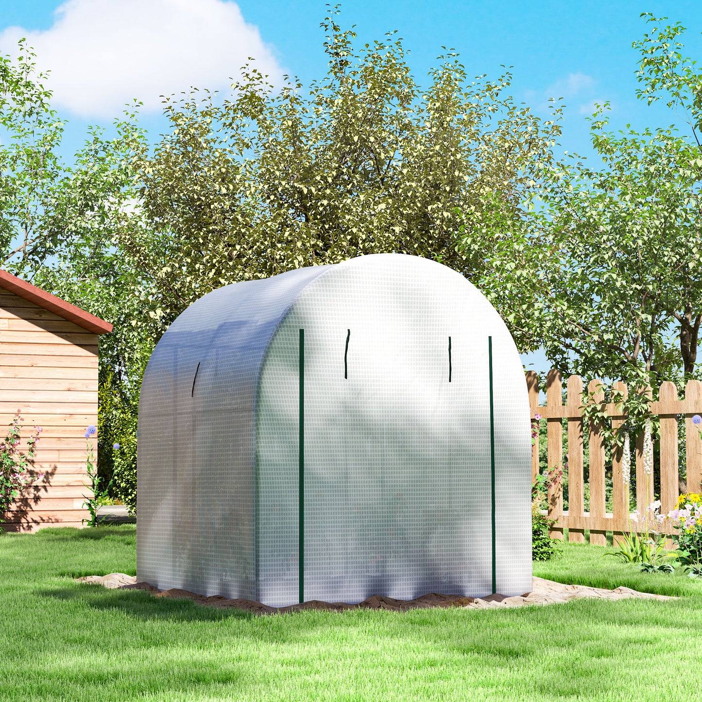 Outsunny 180 x 180cm Walk In Polytunnel Greenhouse White With Zipped Door And Mesh Windows