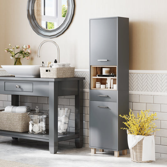 HOMCOM Tall Bathroom Storage Cabinet With MDF Triamine Board And Waterproof Sticker Matte Grey
