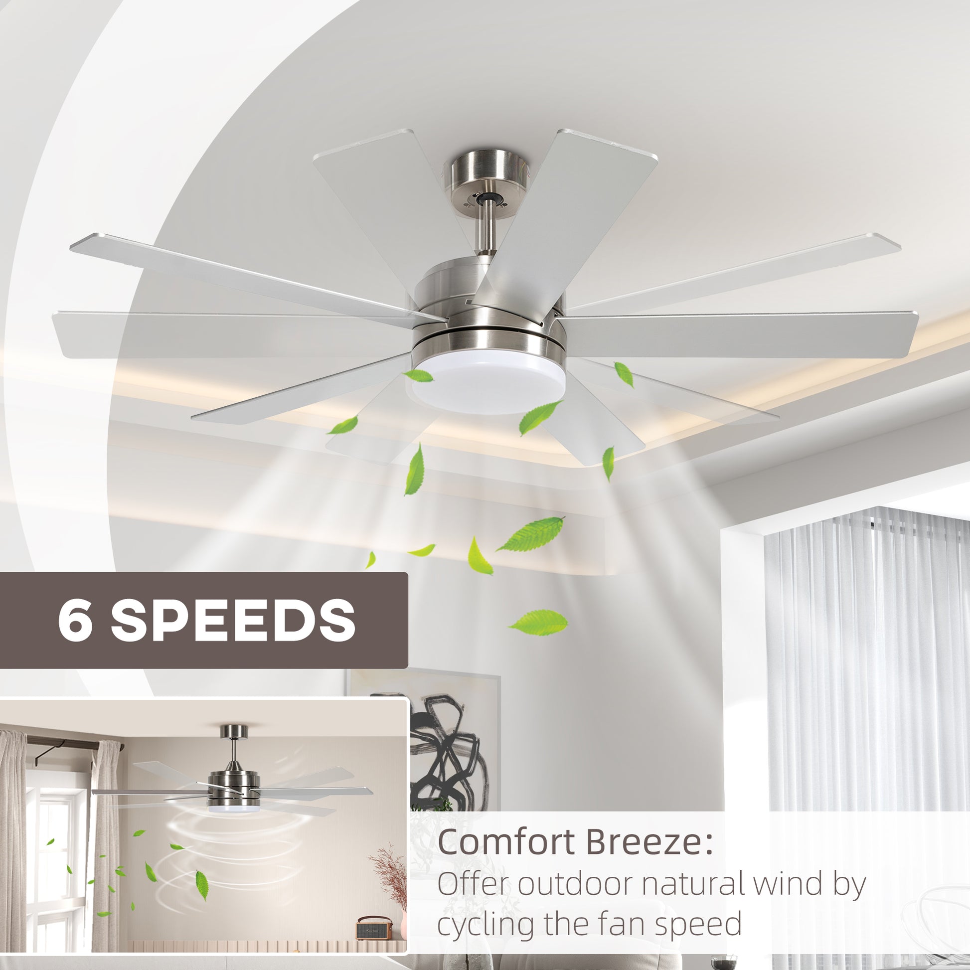 HOMCOM Modern Flush Mount LED Ceiling Fan with Light and Remote Control - 132cm Reversible Blades for Bedrooms and Living Rooms - ALL4U RETAILER LTD