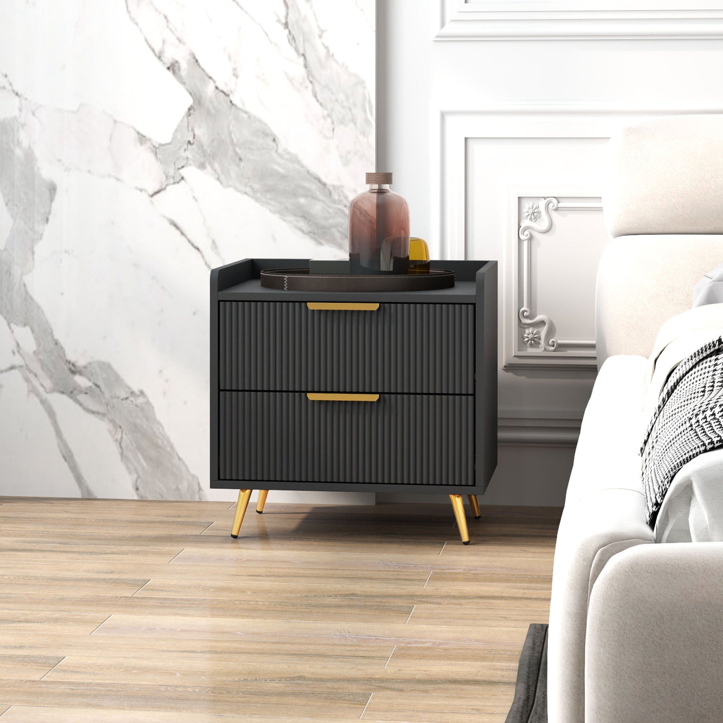 HOMCOM Elegant Two Drawer Bedside Table Set Of Two In Black With Ridged Fronts And Gold Tone Handles