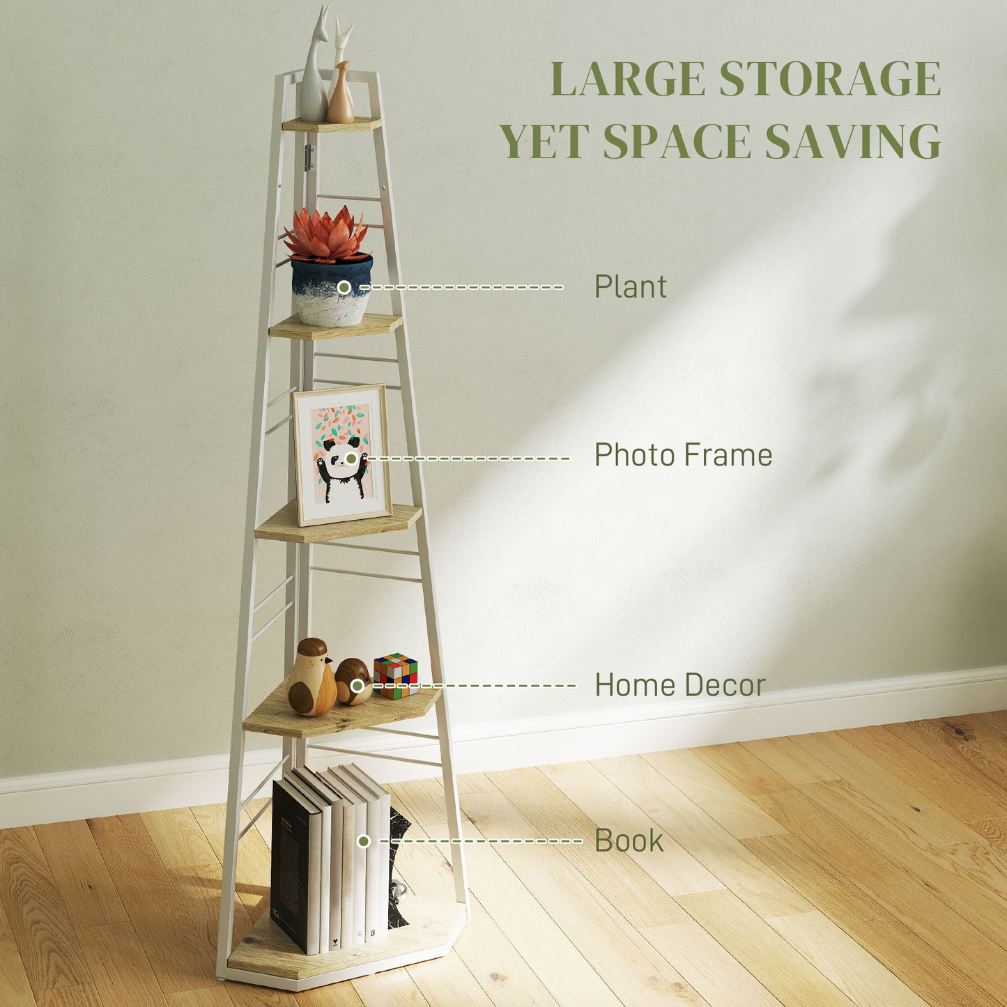 HOMCOM Five Tier Corner Shelf White Wood Effect Steel Frame Ladder Organizer For Living Room Decor With Adjustable Feet