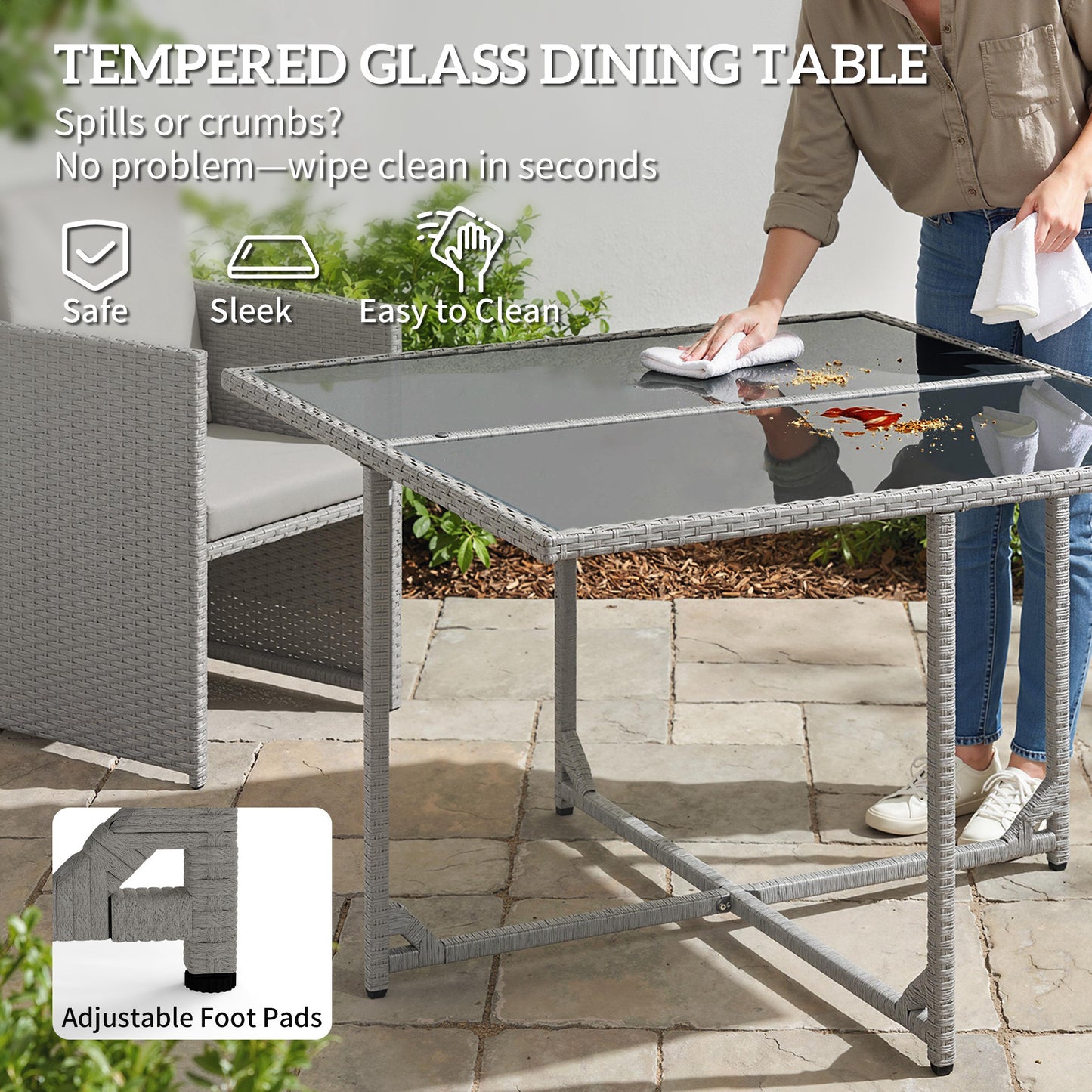 Outsunny 9 Piece Rattan Cube Garden Furniture Dining Set With Armchairs, Footstools And Glass Top Table In Light Grey