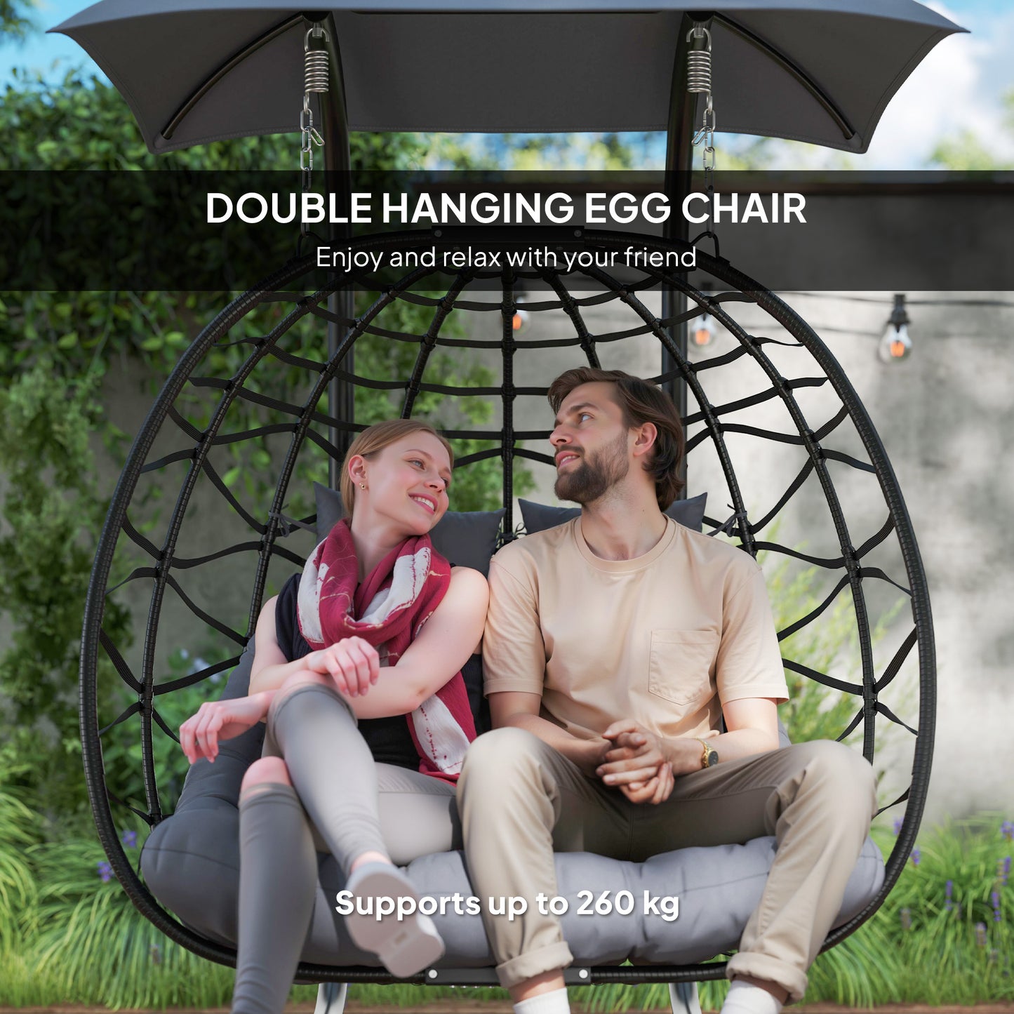 Outsunny Double Rattan Egg Chair With Canopy Powder Coated Steel Frame For Outdoor Garden Patio Two Seater Black