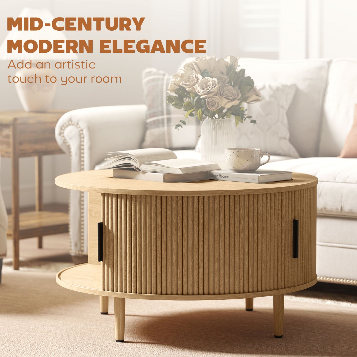 HOMCOM Lift Top Coffee Table With Hidden Storage Round Natural Wood 80 cm Fluted Sliding Door