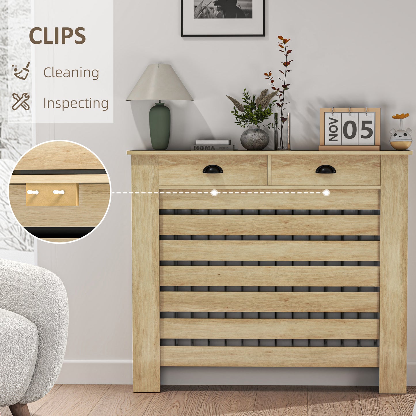 HOMCOM Oak Radiator Cover With Drawer 95.5H X 111W cm Slatted MDF And Particle Board