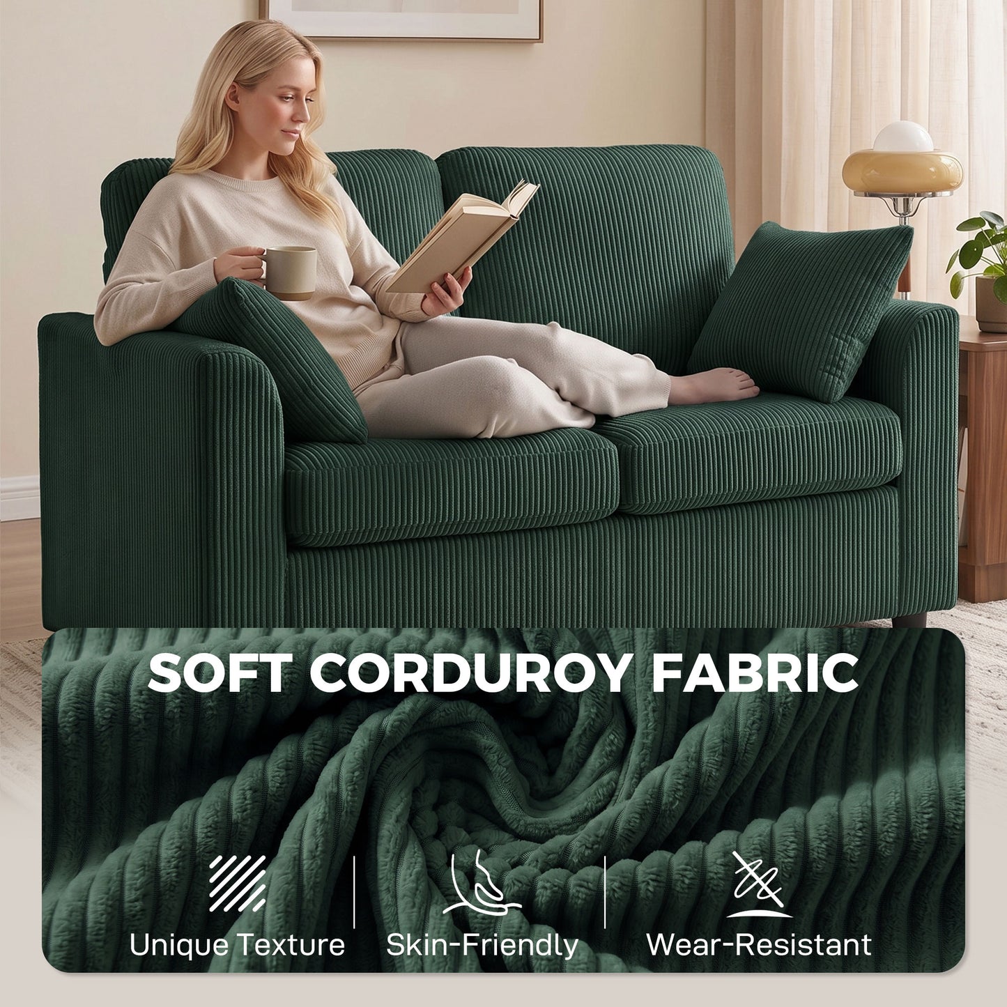 HOMCOM 2 Seater Sofa Corduroy Couch with Pocket Springs Deep Seat Upholstery Dark Green