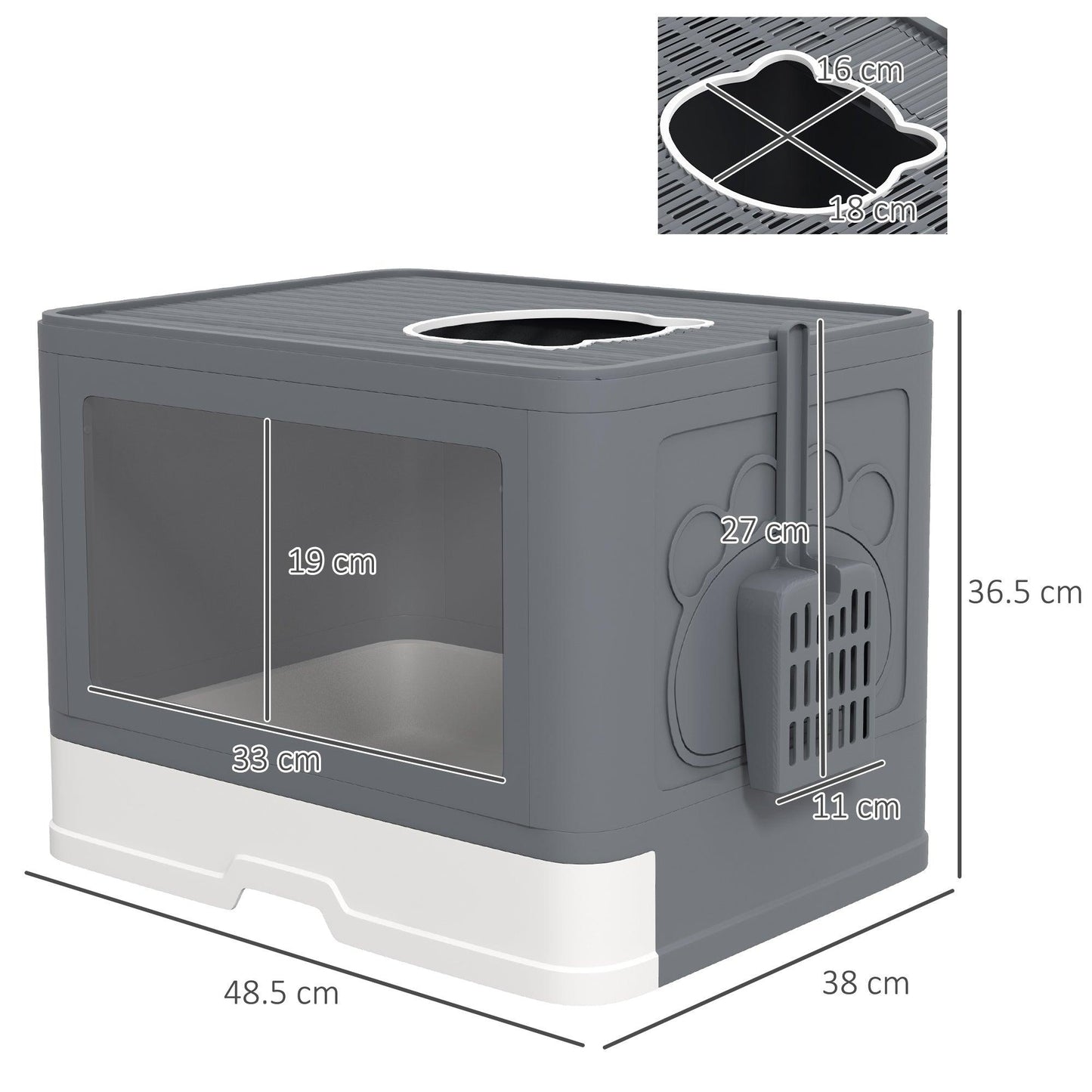 PawHut Cat Litter Box Enclosed with Lid Front Entry Top Exit, Drawer Tray, Scoop, Brush, 48.5 x 38 x 36.5cm - Grey - ALL4U RETAILER LTD