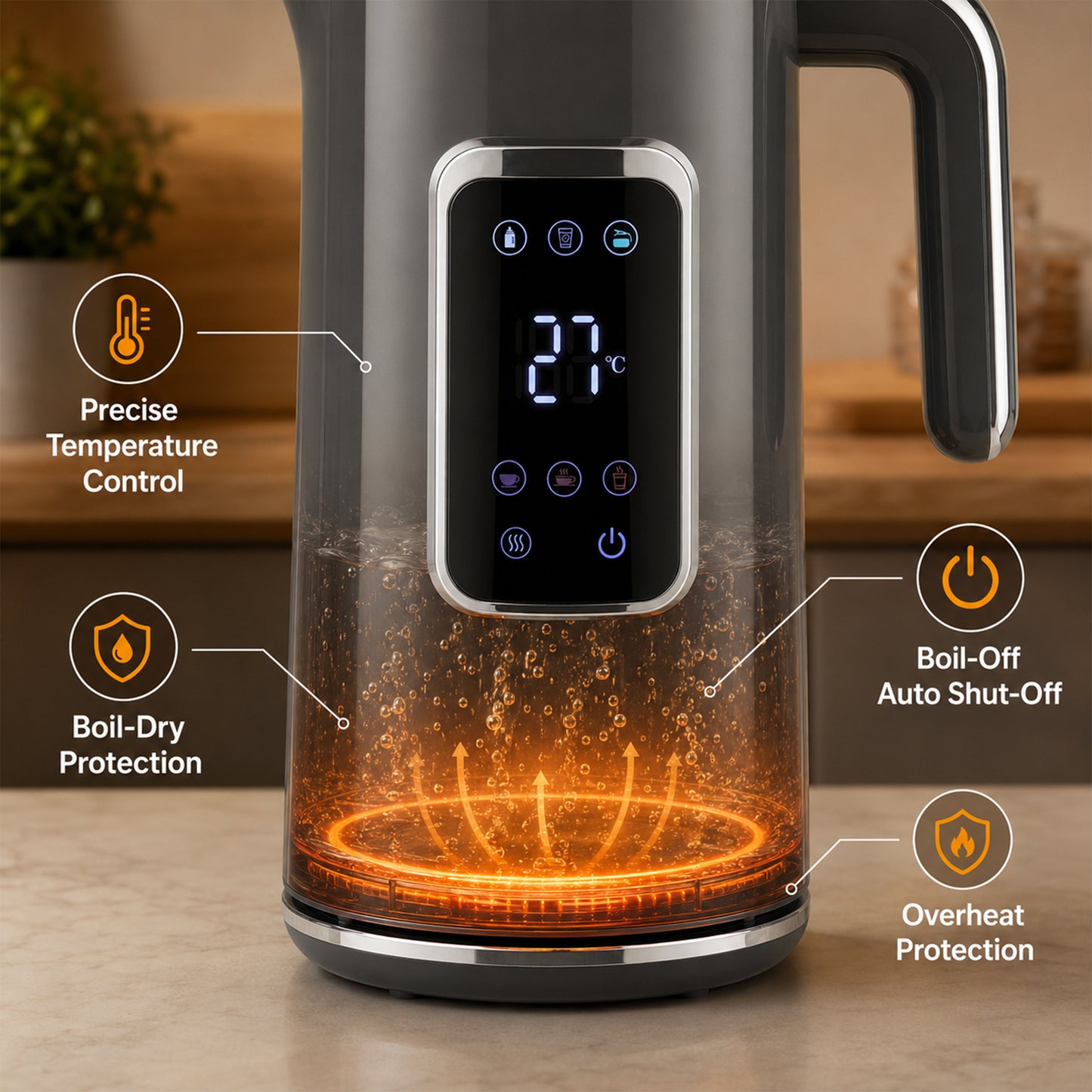 Homcom 1.7L Electric Kettle 3000W Fast Boil Led Temp Control Keep Warm Grey