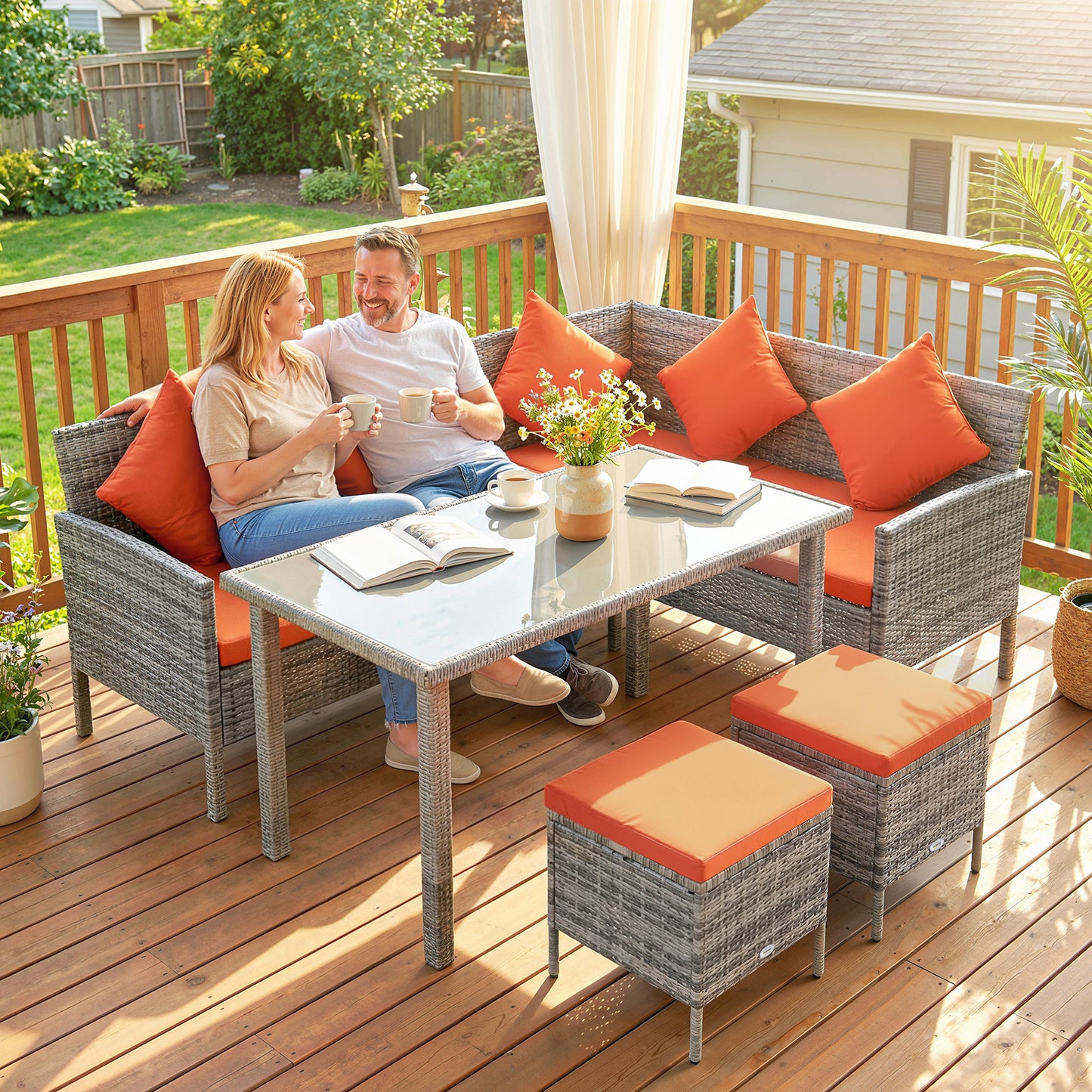 Outsunny Six Seater Rattan Dining Set With Sofa Table Footstools Outdoor Garden Furniture Orange Cushions