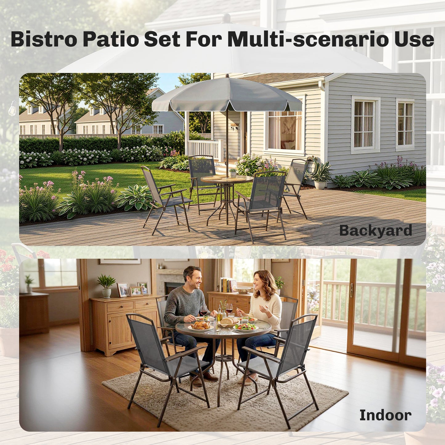 Outsunny 6 Piece Garden Dining Set With Umbrella Parasol Round Glass Table And 4 Folding Chairs In Dark Grey