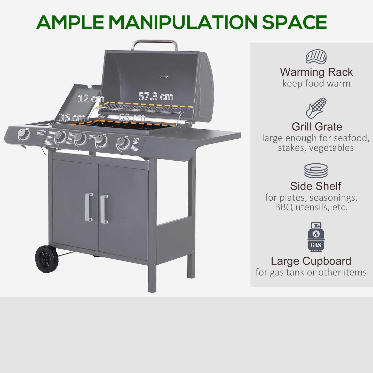 Outsunny 4 Burner And 1 Side Burner Gas BBQ Grill With Wheels Warming Rack And Side Shelves For Garden Party Camping