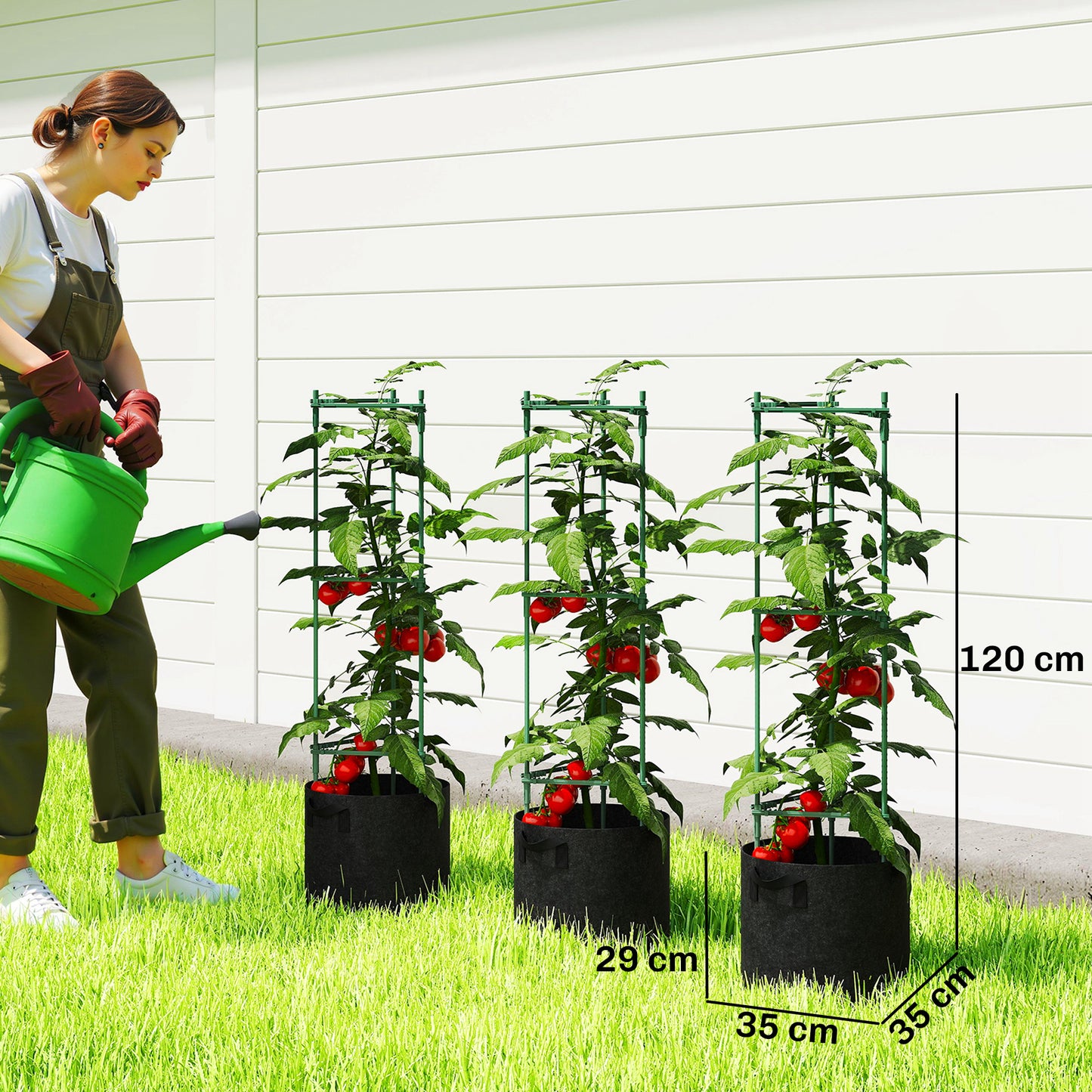 Outsunny 3 Pack Tomato Cages With 83.7L Grow Bags 120cm Adjustable Triangle Plant Stakes Trellis And Planter Bags