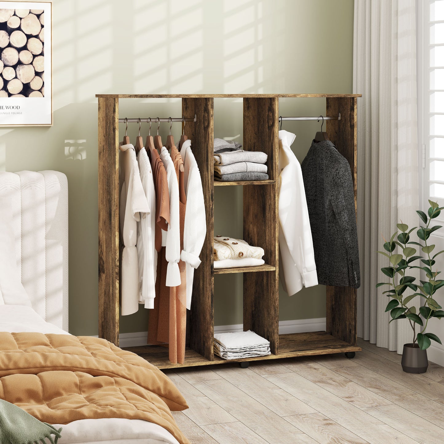 HOMCOM Open Wardrobe Double Mobile Storage Shelves Organizer With 6 Wheels Rustic Brown