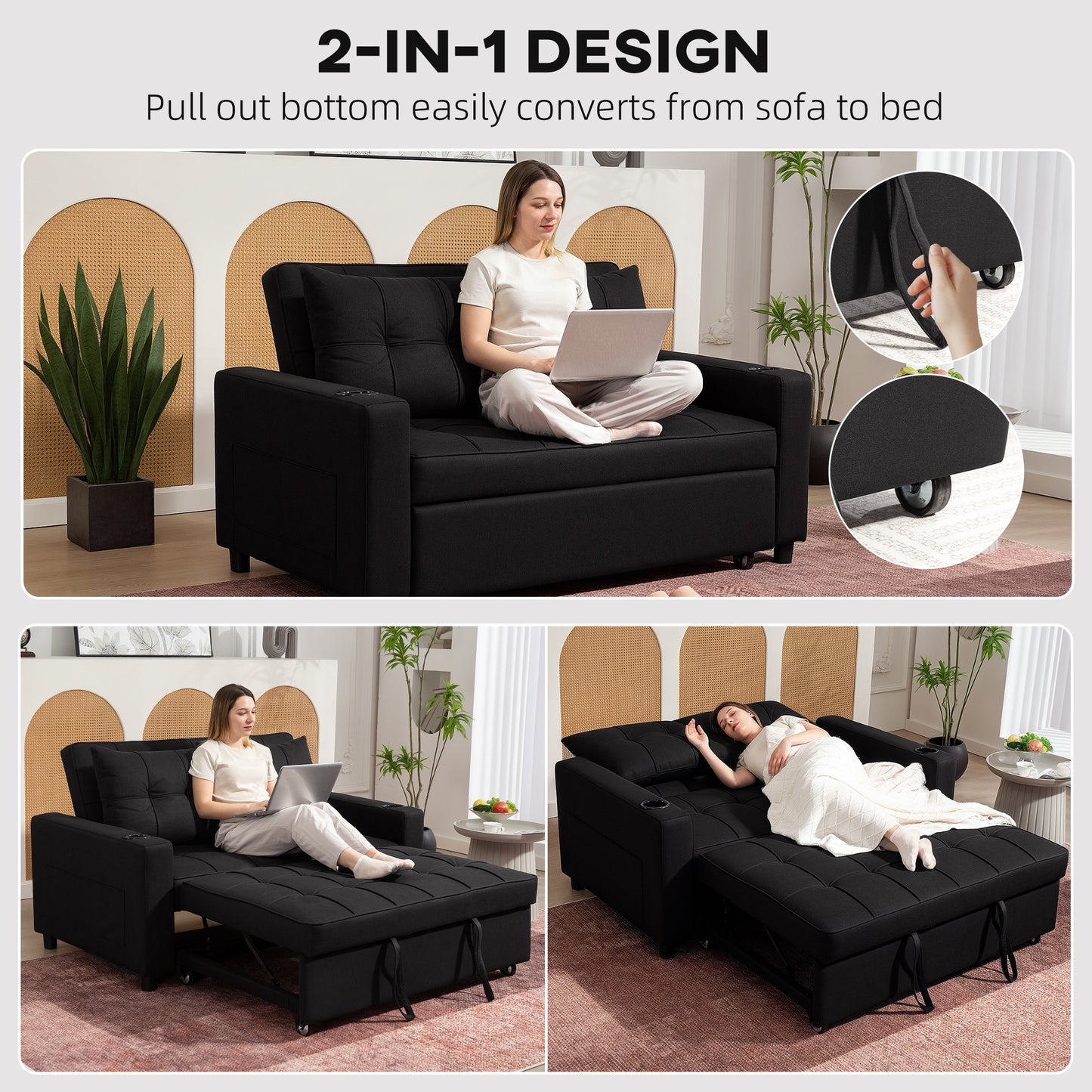 HOMCOM Two Seater Pull Out Sofa Bed In Black With 157 X 190 Cm Bed Size And High Density Foam Cushioned Comfort